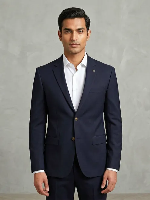 Navy terry rayon solid two button blazer for mens