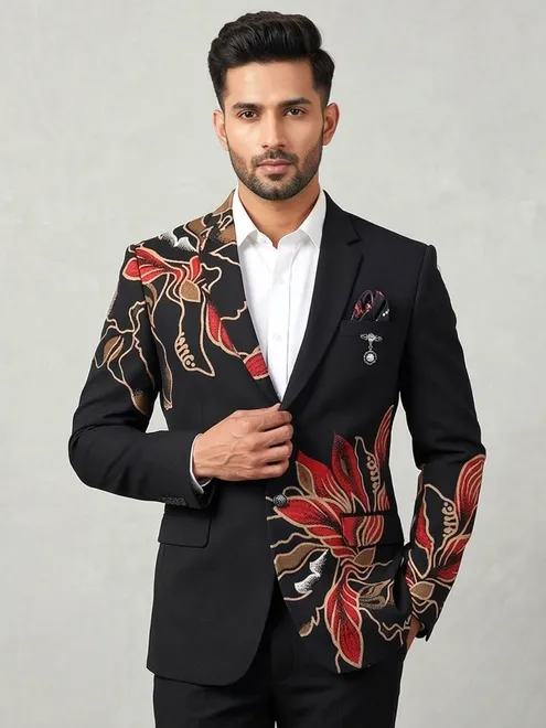 Black printed cotton two button blazer for party wear