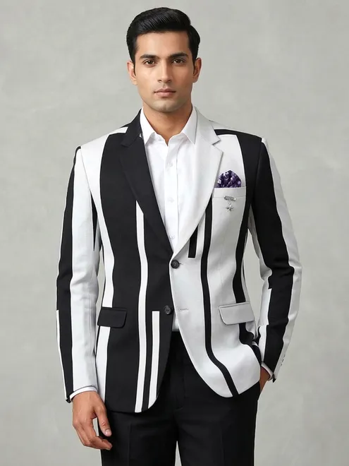White and black color block style cotton blazer