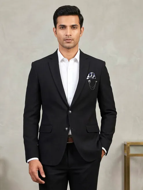 Black solid blazer in terry rayon