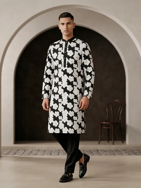 Black floral printed cotton kurta suit for festive