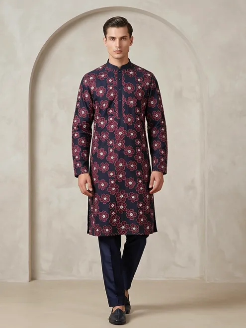 Navy floral printed cotton kurta pajama