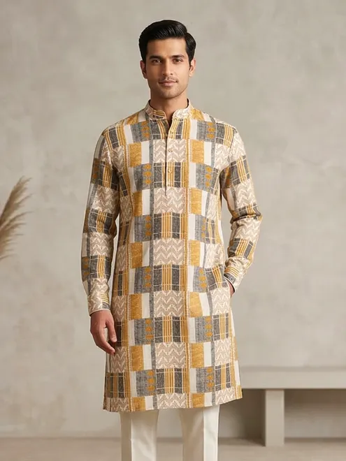 Printed multicolor cotton festive style kurta for men