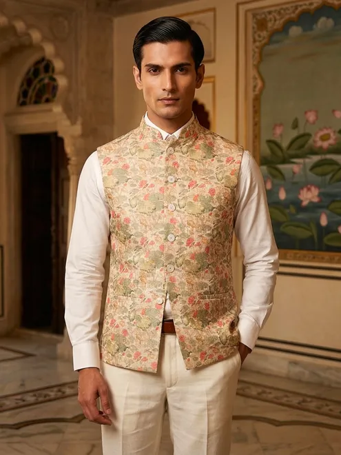 Beige printed cotton silk waistcoat for men