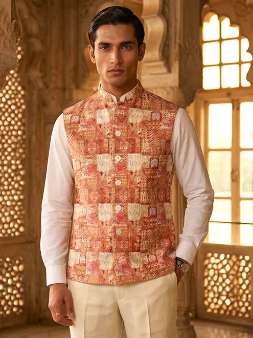 Red cotton silk waistcoat with thread work