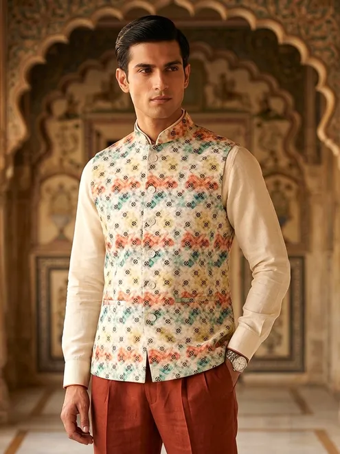 Multi color thread work cotton silk waistcoat