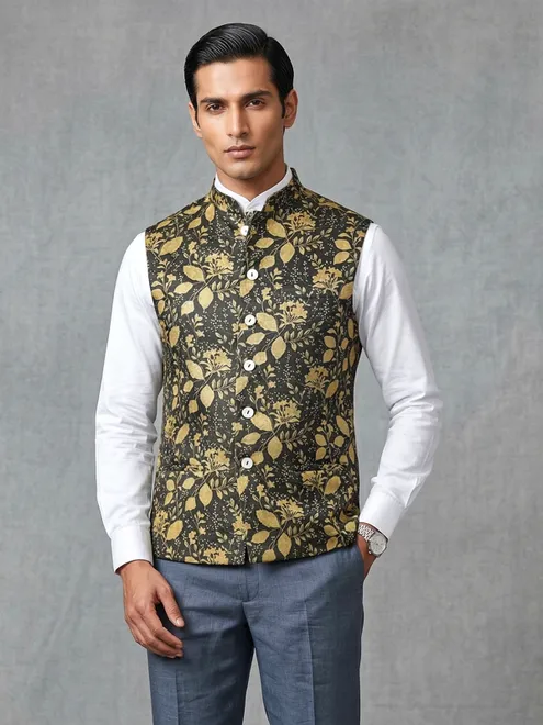 Yellow and grey printed cotton silk waistcoat