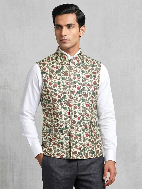Wine silk printed wedding waistcoat