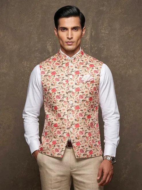 Pink silk printed reception waistcoat