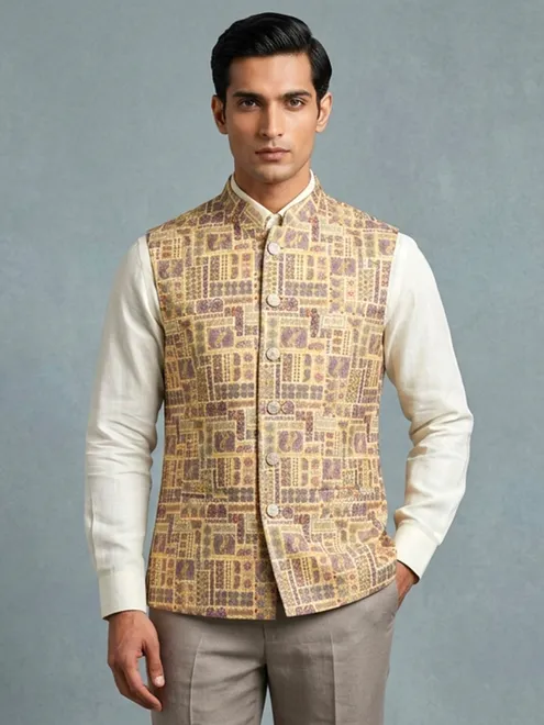 Yellow printed cotton silk waistcoat for wedding wear