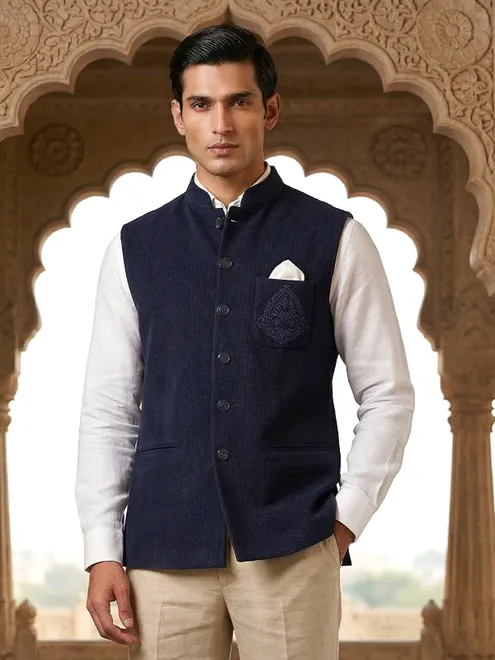 Navy blue woolen waistcoat with zardosi on pocket
