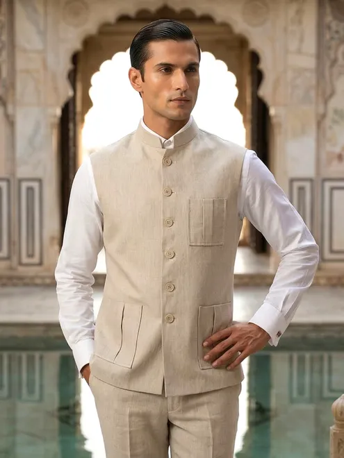 Beige cotton three pocket festive waistcoat