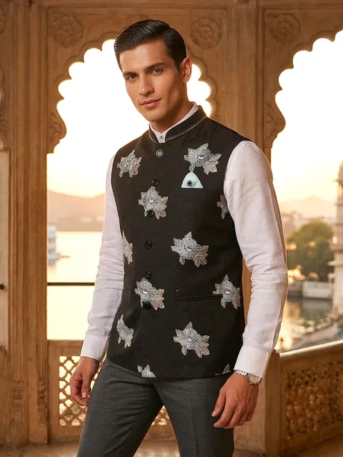 Black cotton waistcoat with embroidered detail