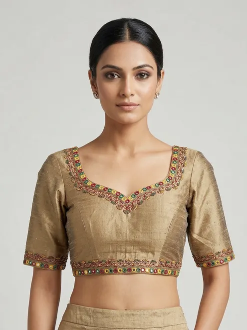 Beige raw silk mirror work sweetheart neck blouse