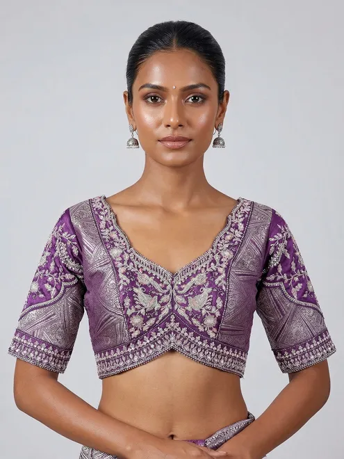 Purple modal silk blouse for wedding wear sarees
