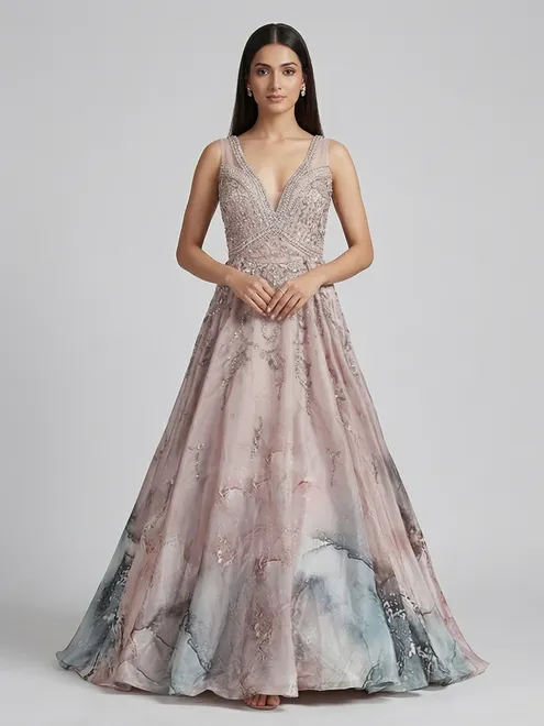 Peach printed designer gown in organza