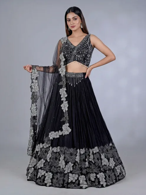 Black silk lehenga choli with patchwork sparkle