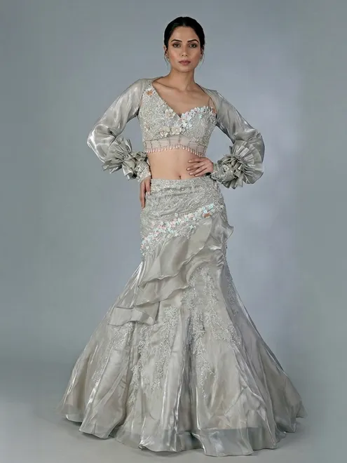 Grey organza designer lehenga choli for weddings