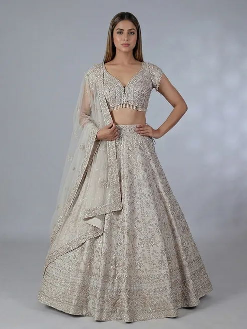 Beige silk lehenga choli with cap sleeves