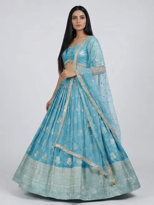 Aqua blue banarasi silk embellished lehenga choli