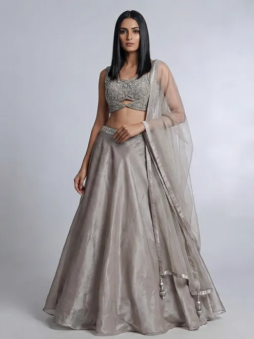 Grey organza designer diamond work lehenga choli