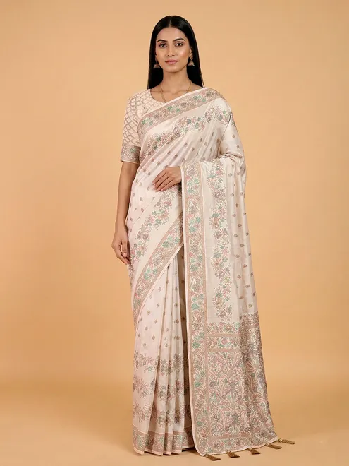 Stylish cream printed silk saree