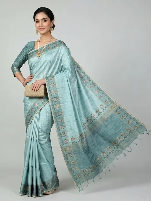 Pastel blue semi cotton silk zari weaving saree