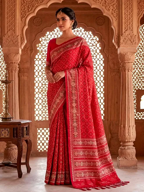 Red patola silk saree with zardosi weaving