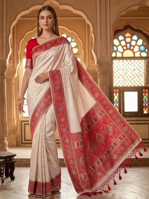 Off white dola silk saree with colorful motifs