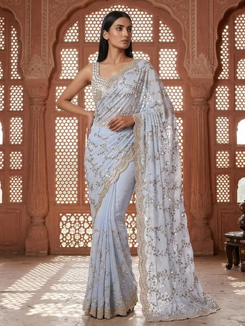 Mint blue tissue silk saree with sequins and resham work