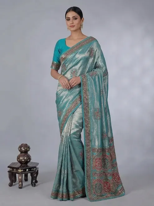 Aqua modal tissue silk saree with festive motifs