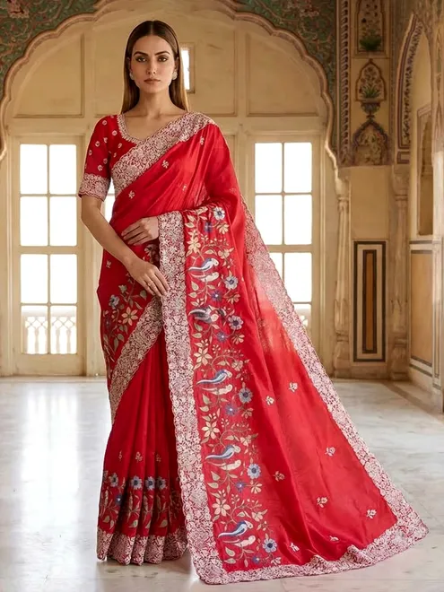 Magenta semi tusser silk saree with classic sequin and embroidery