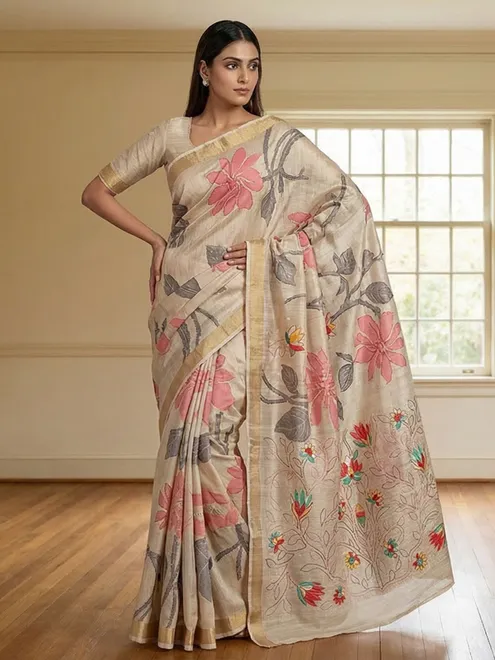 Beige floral semi tusser silk saree