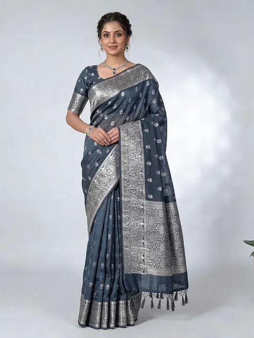 Navy art silk zari butti wedding saree