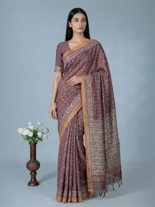 Brown printed semi silk saree with embellishments