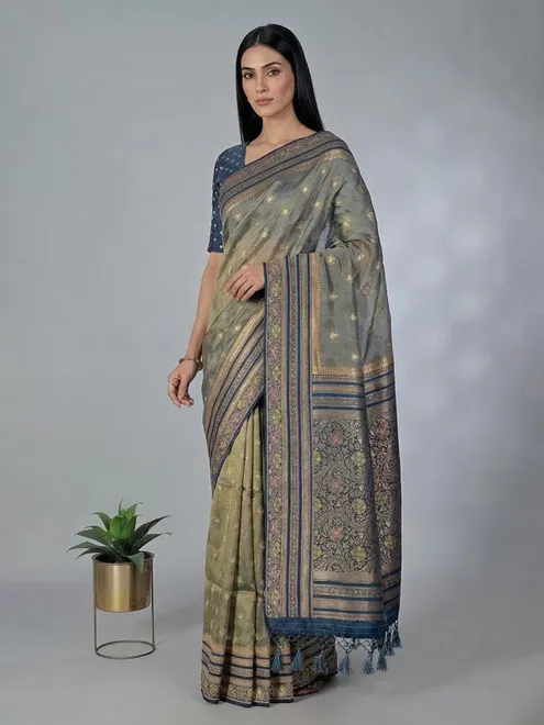 Navy art silk floral printed zari border saree