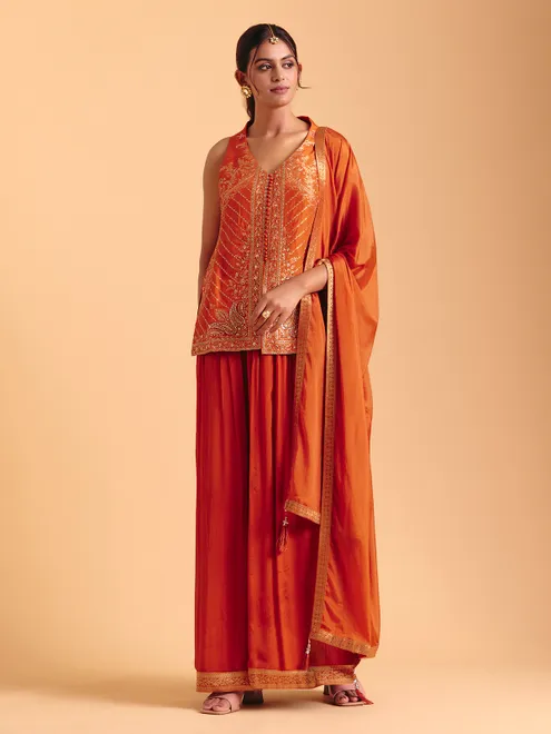 Orange tissue silk palazzo suit with zari glow