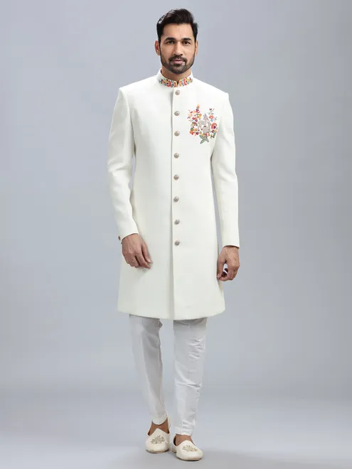 Classic off white silk indowestern for men