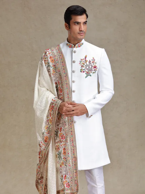 Off white flower embroidered terry rayon sherwani
