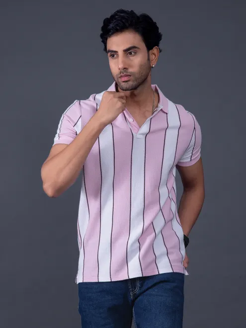 PEPE striped pink polo neck slim fit mens t-shirt