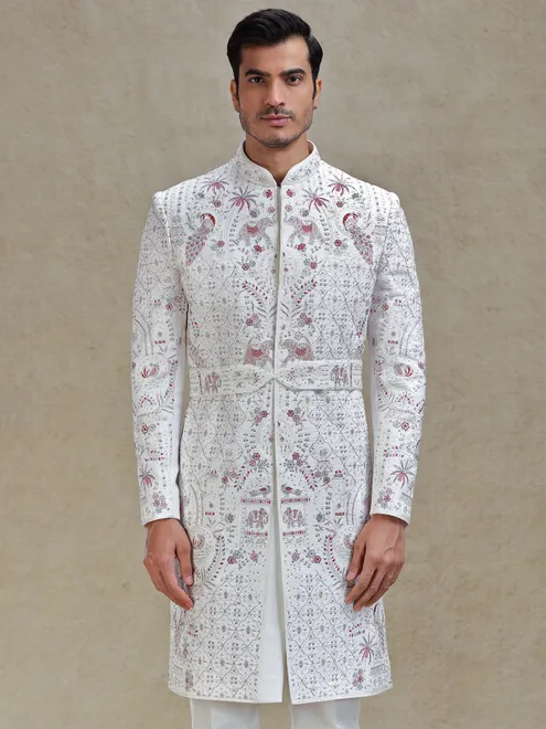 Off white silk wedding style long sherwani set