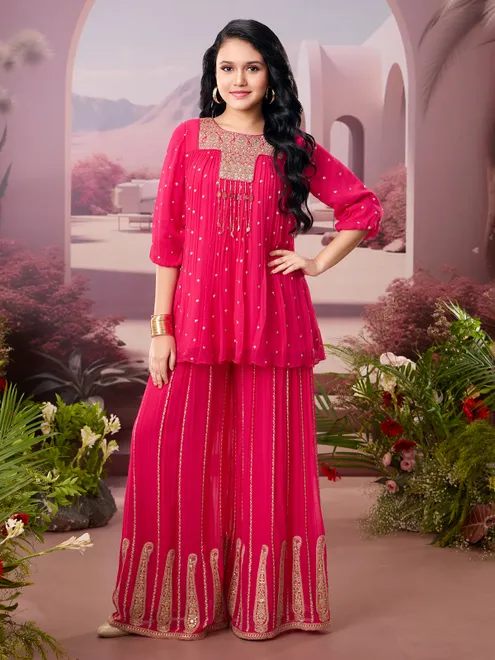 Pink georgette palazzo suit with sequins, aabla, and zari work