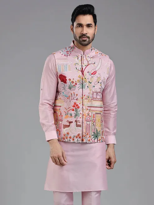 Shiny pink waistcoat set with multi coloured embroidery