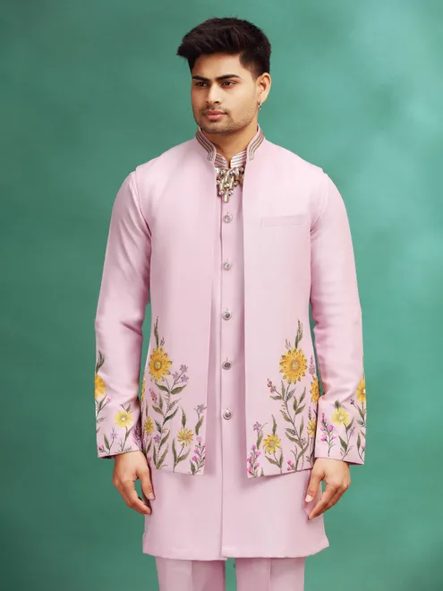 Pink silk wedding wear waistcoat set with hand print