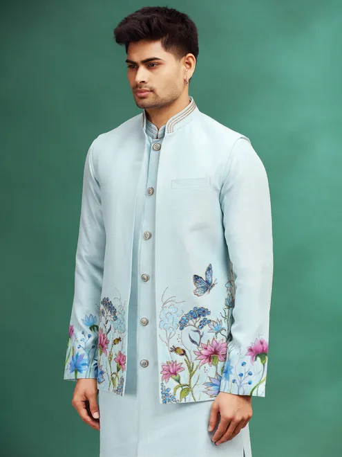Sky blue printed waistcoat set for wedding celebration