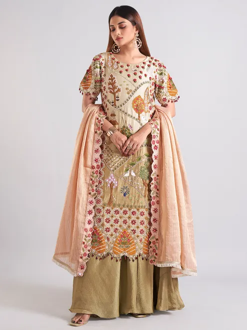 Beige and olive cotton silk palazzo suit