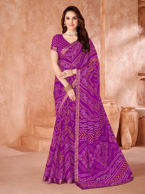Purple chiffon festive wear saree in bandhani print for women