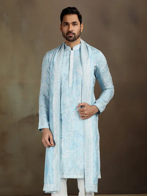 Sky blue satin kurta set with sequins