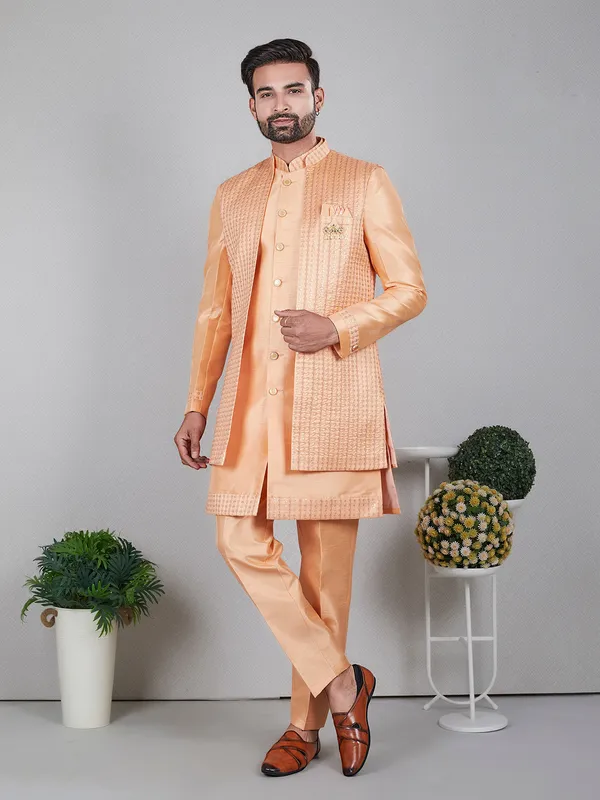 Dazzling peach raw silk indowestern