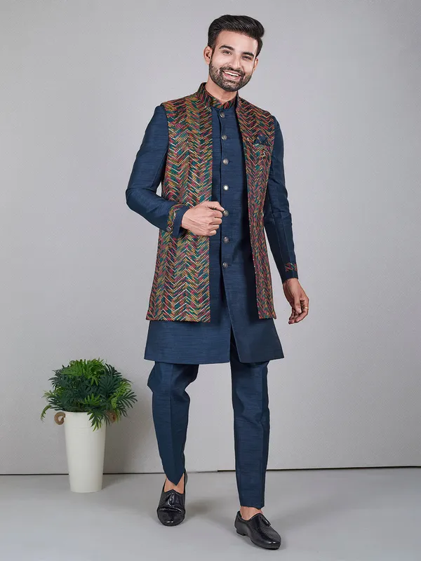 Elegant navy raw silk indowestern